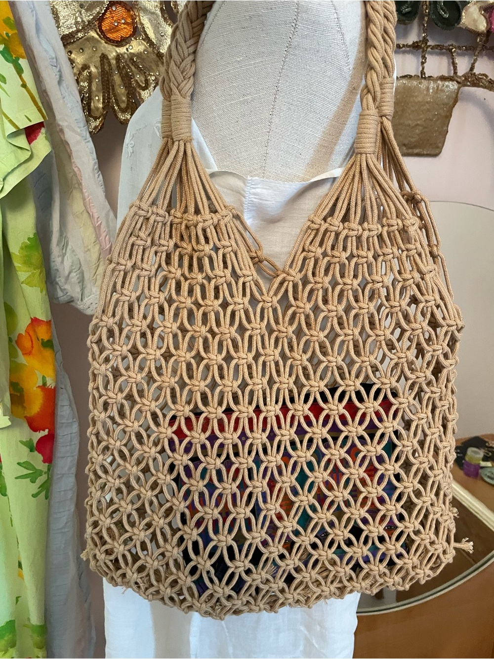 Vintage Beige Macramé Shoulder Bag